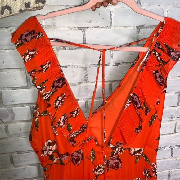 LULUS | Loved By You Red Orange Floral Print Long Pleated Chiffon Maxi Dress - Picture 11 of 13